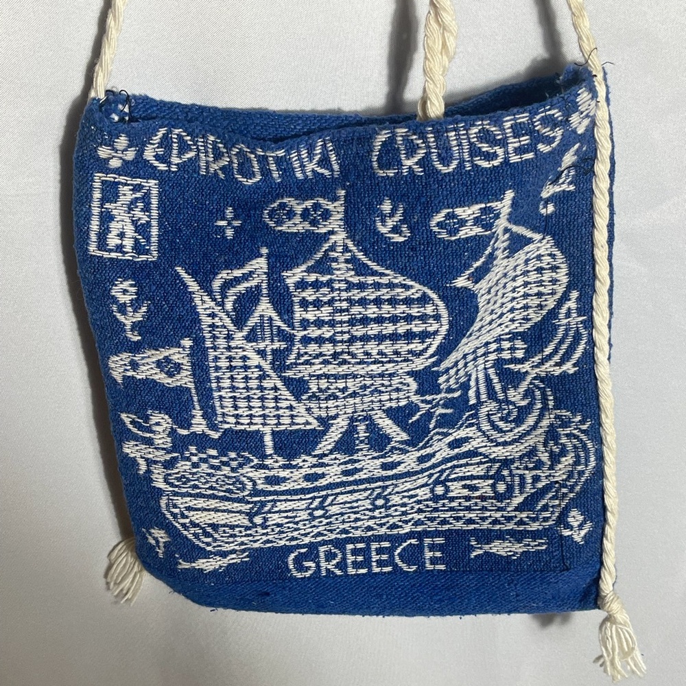 Vintage Greece Epirouki Cruises Woven Mini Tote Bag Blue White Nautical - Picture 3 of 6